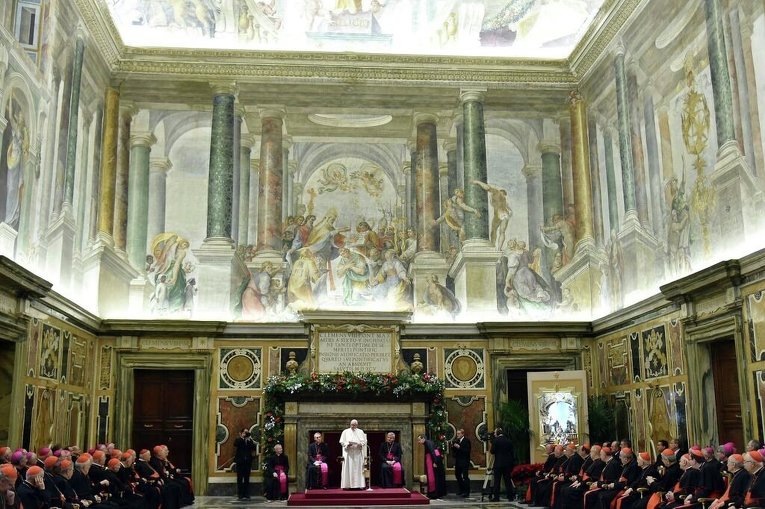 Папа Римский Франциск в ходе традиционного обращения к Римской курии в Апостольском дворце, Ватикан