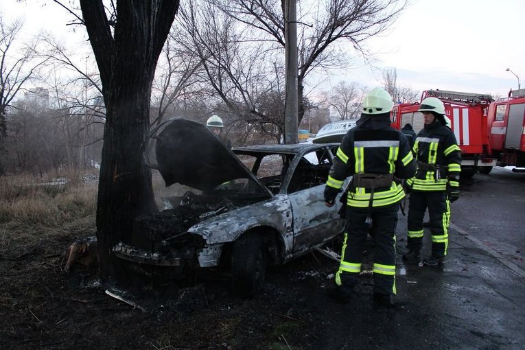 В центре Запорожья автомобиль протаранил дерево и загорелся