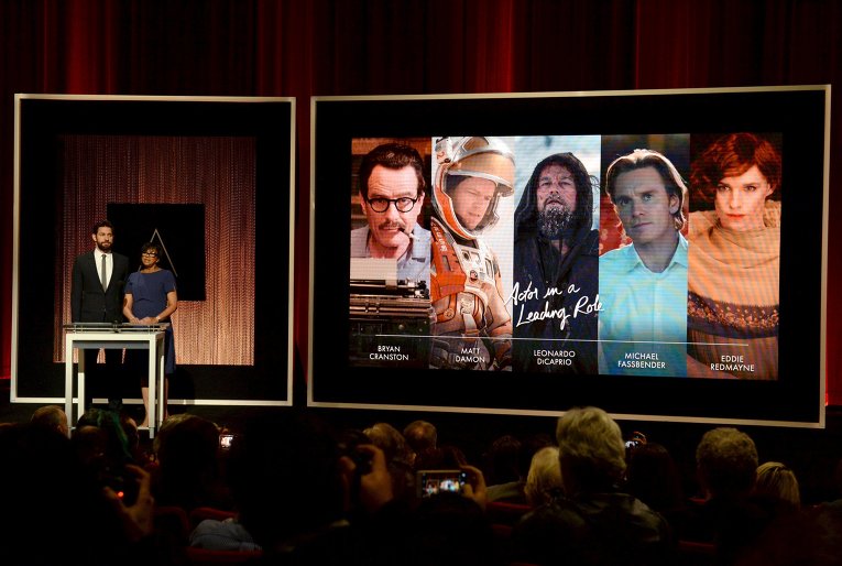 Актер Джон Красински и Шерил Бун, Президент Американской академии кинематографических искусств и наук, объявляют номинантов на Оскар-2016 в номинации Лучшая мужская роль