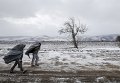 Мигранты на заснеженном поле после пересечения границы в Македонии