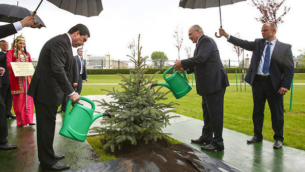 Александр Лукашенко и Гурбангулы Бердымухамедов во время церемонии посадки дерева на Аллее почетных гостей у Дворца Независимости в Минске