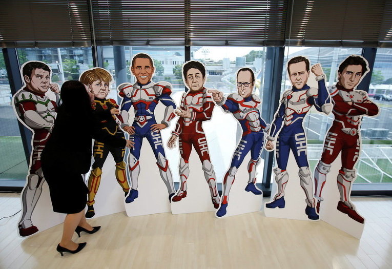 Изображения лидеров стран G7 в центре G7 НПО в Исэ, префектура Миэ, Япония
