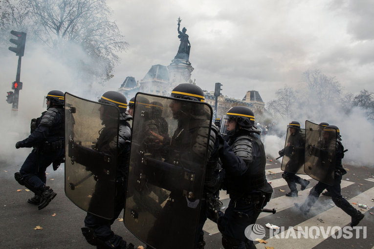 Полицейские во время протестных экологических акций на площади Республики в Париже