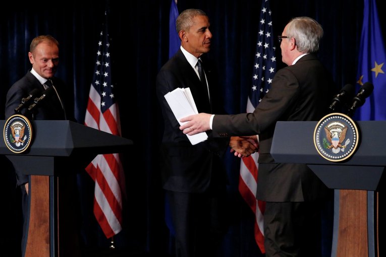 Председатель Европейской комиссии Жан-Клод Юнкер, президент США Барак Обама и президент Европейского совета Дональд Туск