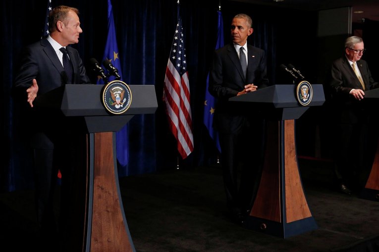 Председатель Европейской комиссии Жан-Клод Юнкер, президент США Барак Обама и президент Европейского совета Дональд Туск