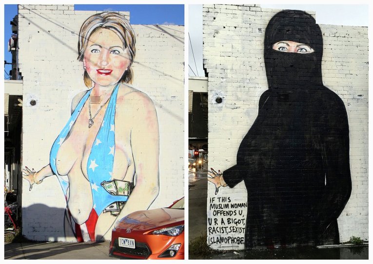 Изображению Хиллари Клинтон в бикини на мурале в Мельбурне дорисовали хиджаб