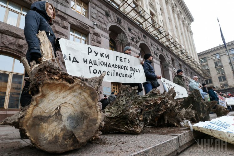 Акция против вырубки деревьев в урочище Бычок, которое находится в Национальном природном парке Голосеевский, и в Быковнянском лесу, возле КГГА в Киеве.