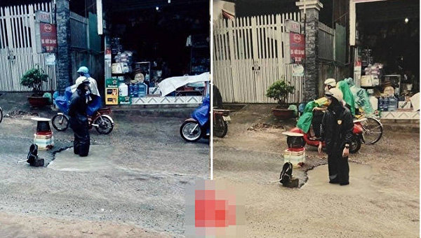 Вьетнамец стоял под дождем несколько часов в яме, чтобы не допустить аварии