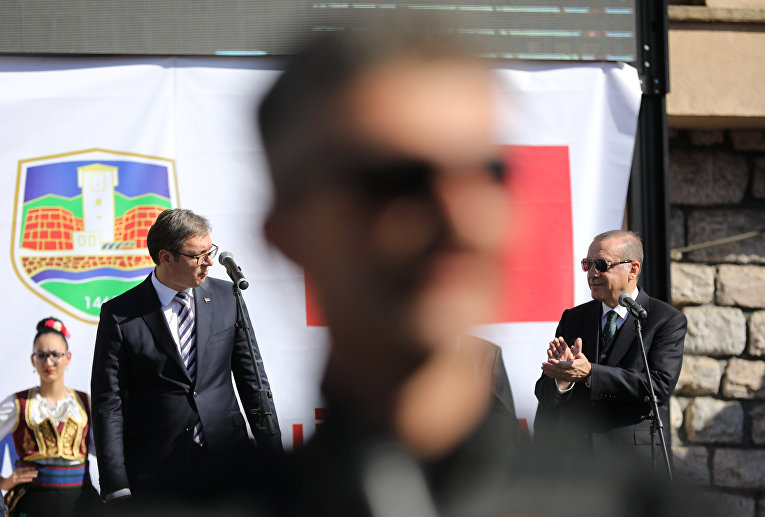 Президент Турции Реджеп Тайип Эрдоган на переговорах с президентом Сербии Александром Вучичем 10 октября в Белграде.