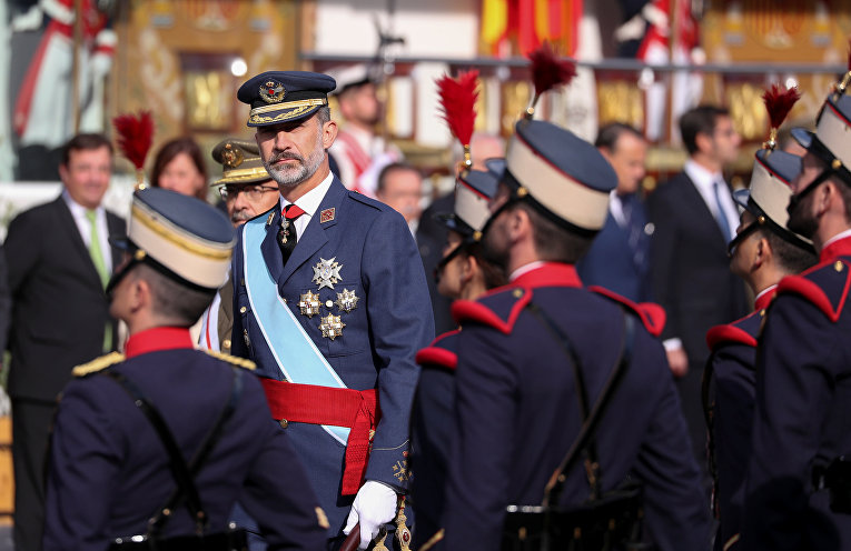 Национальный день Испании в Мадриде. Военный парад. Король Филипп