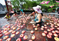 Женщина собирается съесть яблоко, плавающее в горячем источнике в Лояне