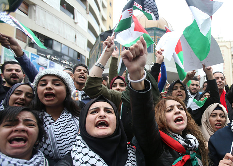 Протестующие скандируют лозунги и держат палестинские флаги в Сидоне