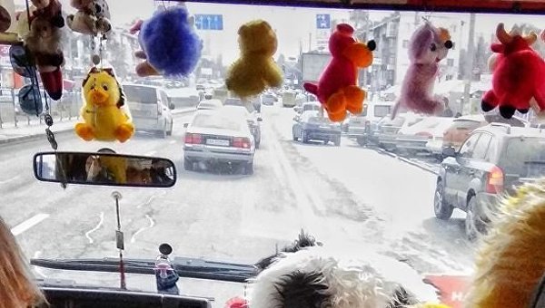 В Киеве водитель маршрутки обложился плюшевыми игрушками в салоне