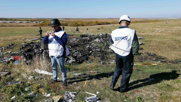 Члены ОБСЕ стоят возле обломков разбившегося в Донецкой области Boeing.