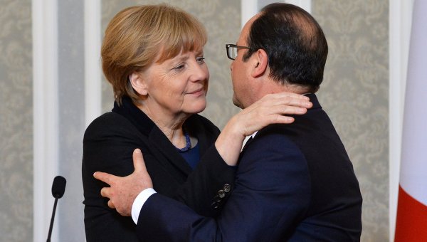 Ангела Меркель и Франсуа Олланд на переговорах в Минске