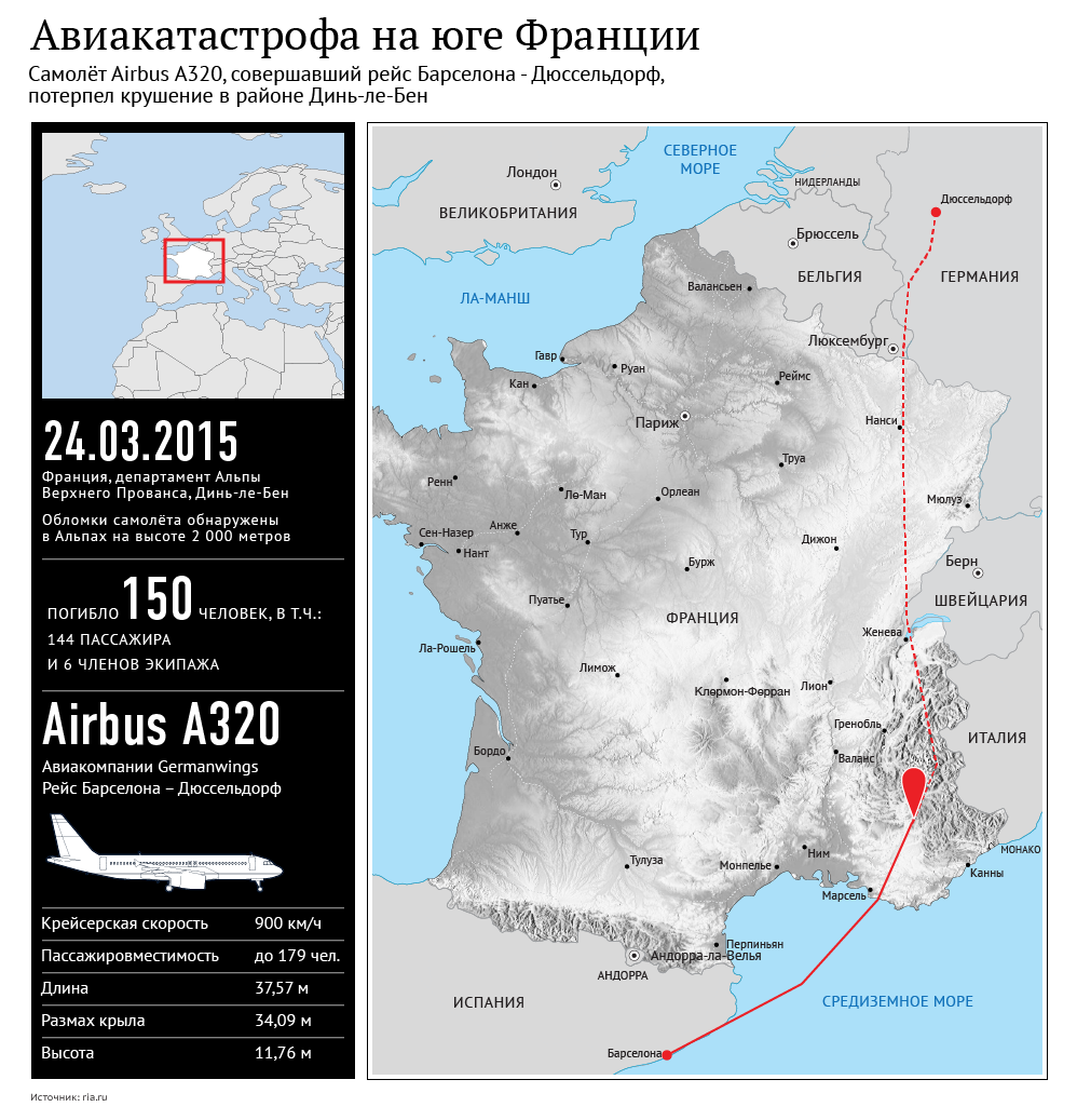 Крушение самолета Airbus A320 на юге Франции. Инфографика
