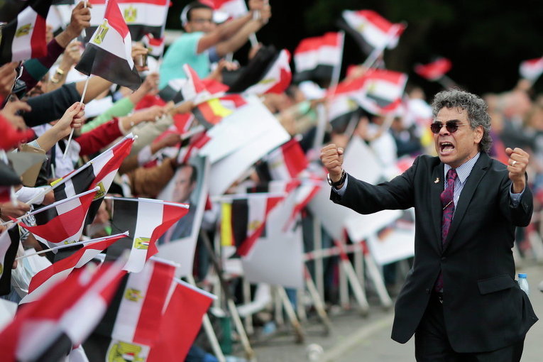 Сторонники президента Египта Абдель Фаттах эль-Сисси во время митинга перед его прибытием в Дворец Бельвю, резиденцию президента Германии Йоахима Гаука, в Берлине.