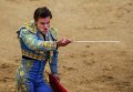 Тореадор Луис Герпе готовится нанести последний удар раненому быку на арене в Мадриде во время корриды