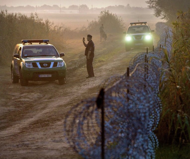 Венгерские транспортные средства полиции патрулируют район возле ограждения из колючей проволоки на границе с Сербией