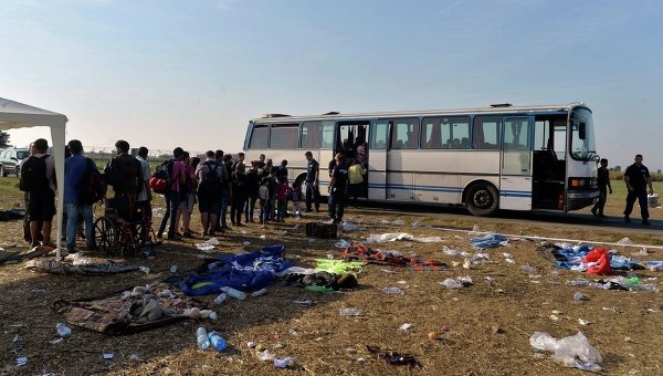 Мигранты выстраиваются на борт автобуса для поездки в транзитный центр для мигрантов на границе между Венгрией и Сербией. Архивное фото
