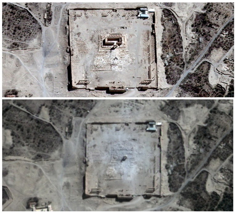 Изображения показывают храм Бела до (вверху) и после его уничтожения в Пальмире, Сирия