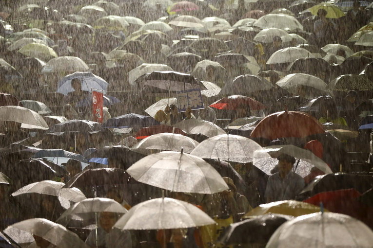 Протестующие во время сильного дождя, вызванного тайфуном, в Токио
