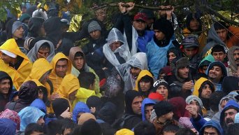 Мигранты в ожидании пересечения границы в пограничной зоне между Сербией и Хорватией