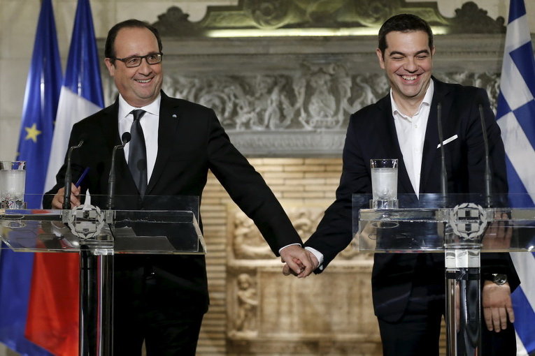 Премьер-министр Греции Алексис Ципрас и президент Франции Франсуа Олланд на пресс-конференции в Афинах